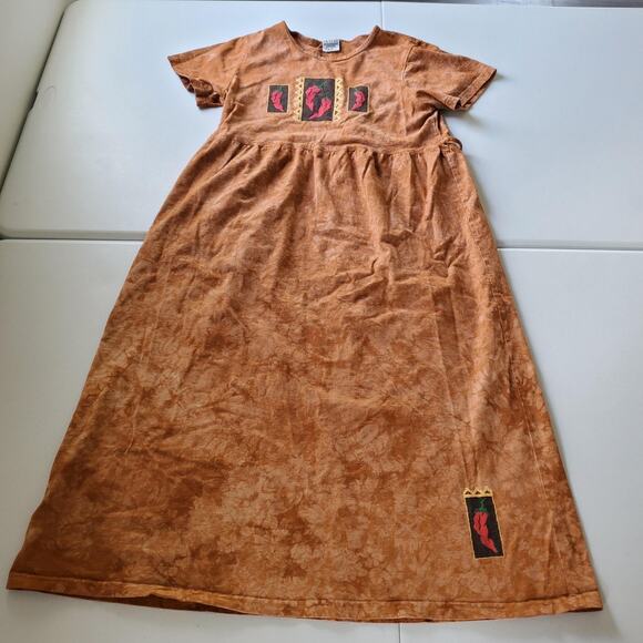 Vintage Cactus Bay Dress Womens 2XL Rust Tie Dye Chili Pepper Maxi Made USA 00s - Picture 1 of 12